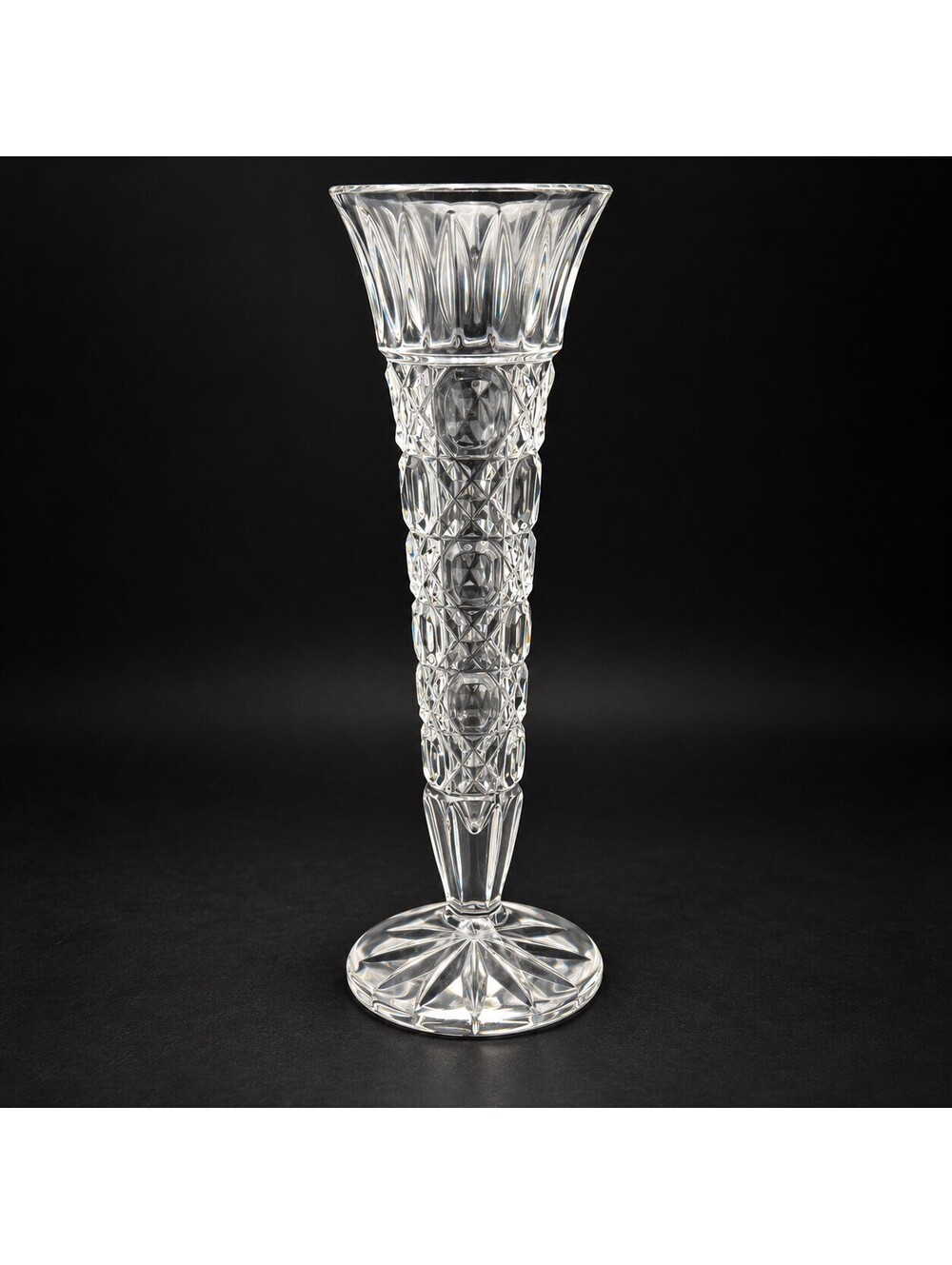 Vintage Cut Crystal Trumpet Vase 10" Tall Footed Starburst Clear Glass